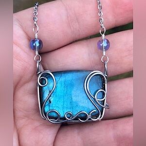 Gorgeous Wire Wrapped Blue Fire Labradorite Silver Copper Necklace Handmade OOAK